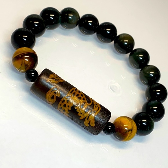 RAINBOW OBSIDIAN + TIGERS EYE + TIBETAN TUBE STONES  NATURAL BRACELET size 7.5” - Picture 5 of 11